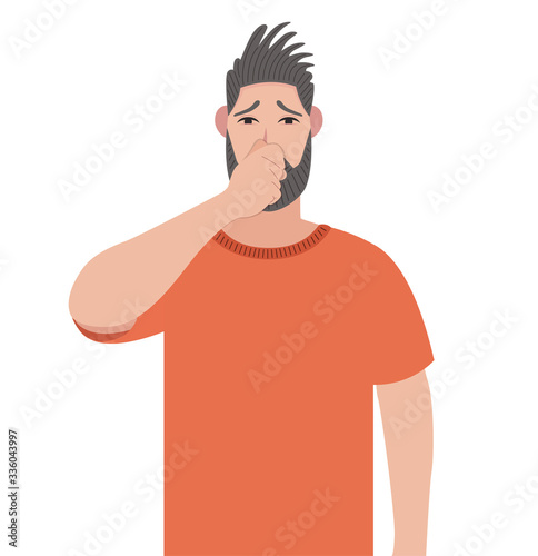 Bearded man holding fingers on nose. Trendy bearded person covering breath with hand for bad smell. Hipster smelling something stinky and odor. Vector illustration in cartoon style.