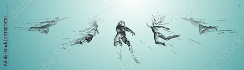 Sport concept of a flying people. Vector drawn by graphic lines. Sport minimal cover design. Classic line-art set. Man and woman. Run and fly. Vector template.