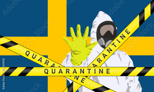 Illustration vector graphic of image man wearing hazmat suits to prevent Coronavirus and diseases on Sweden flag background. Vector of yellow quarantine tape. Concept of covid-19 quarantine.