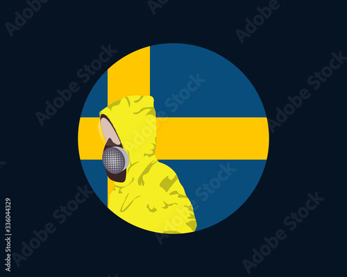 Illustration graphic of image man wearing hazmat suits to prevent Coronavirus and diseases on round Sweden flag background. Wuhan virus disease. Vector EPS10. covid-19.