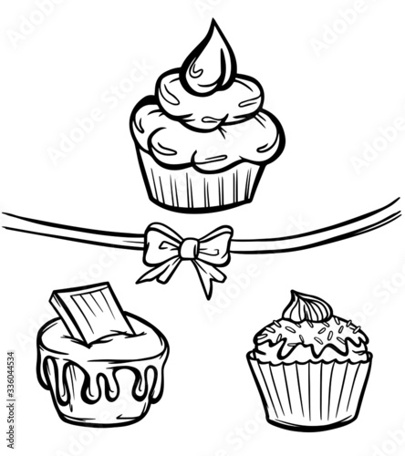 set of cupcakes with cream sprinkling dessert relish vector illustration isolate outline a sweets baking banner coloring object kitchen pastry shop