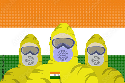 Illustration vector graphic of image health workers in protective hazmat suit isolated on india flag background with halftone effect. Safety virus infection concept.