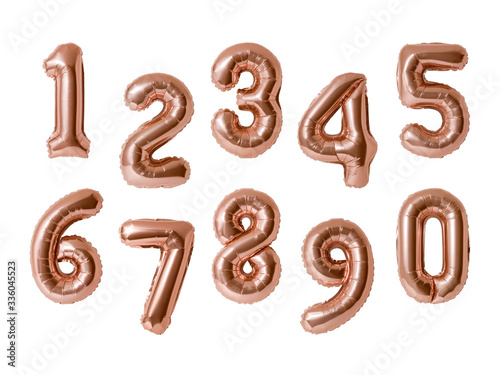 Set of numbers 0-9, Rose gold foil balloon number isolated on a white background with Clipping Path