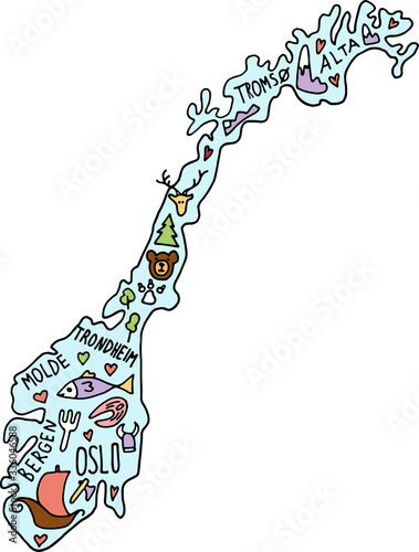 Colored hand drawn doodle Norway map. Norwegian city names lettering and cartoon landmarks, tourist attractions cliparts. travel, trip comic infographic poster.