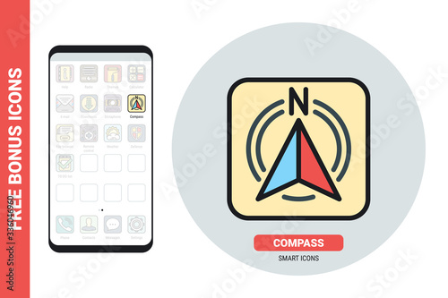 Compass application icon for smartphone, tablet, laptop or other smart device with mobile interface. Simple color version. Contains free bonus icons