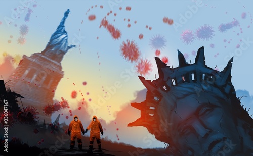 Digital illustration painting design style a couple wearing Hazmat Suit  Mask and standing beside of ruined Statue  against virus in the air and sunset.