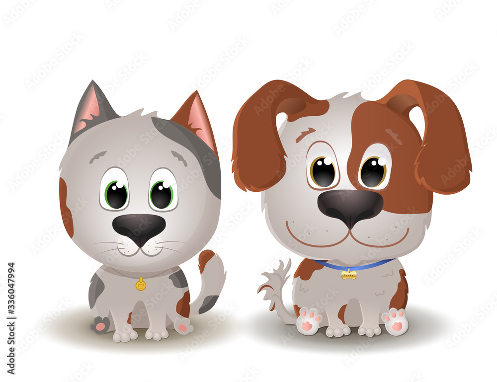 Vector cute beige with spotted dog and cat with big eyes in cartoon style. Little kitten and Puppy sits and smiles. Vector cute beige with spotted dog and cat with big eyes in cartoon style. Little kitten and Puppy sits and smiles.