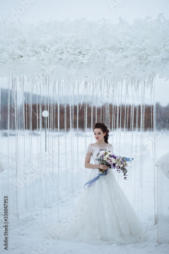 Bride with beautiful on wedding winter shooting on the background of wedding winter scenery