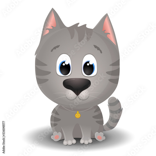 Vector cute gray tabby cat with big eyes in cartoon style. Flat character illustration isolated on white background