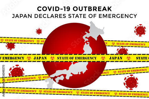 Japanese government announces state of emergency throughout the country to combat with the Covid-19 pandemic outbreak. Map of Japan with state of emergency label across.