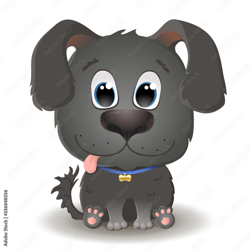 Vector cute black dog with big eyes in cartoon style. Labrador Retriever Puppy. Flat character isolated on white