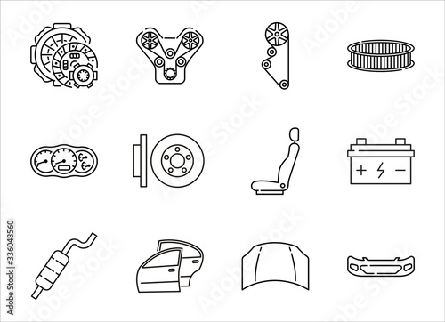 Auto parts for car service line icon set. Vector illustrations to indicate product categories in the online auto parts store. Car repair. Clutch, engine, timing belt, brake disk, exhaust