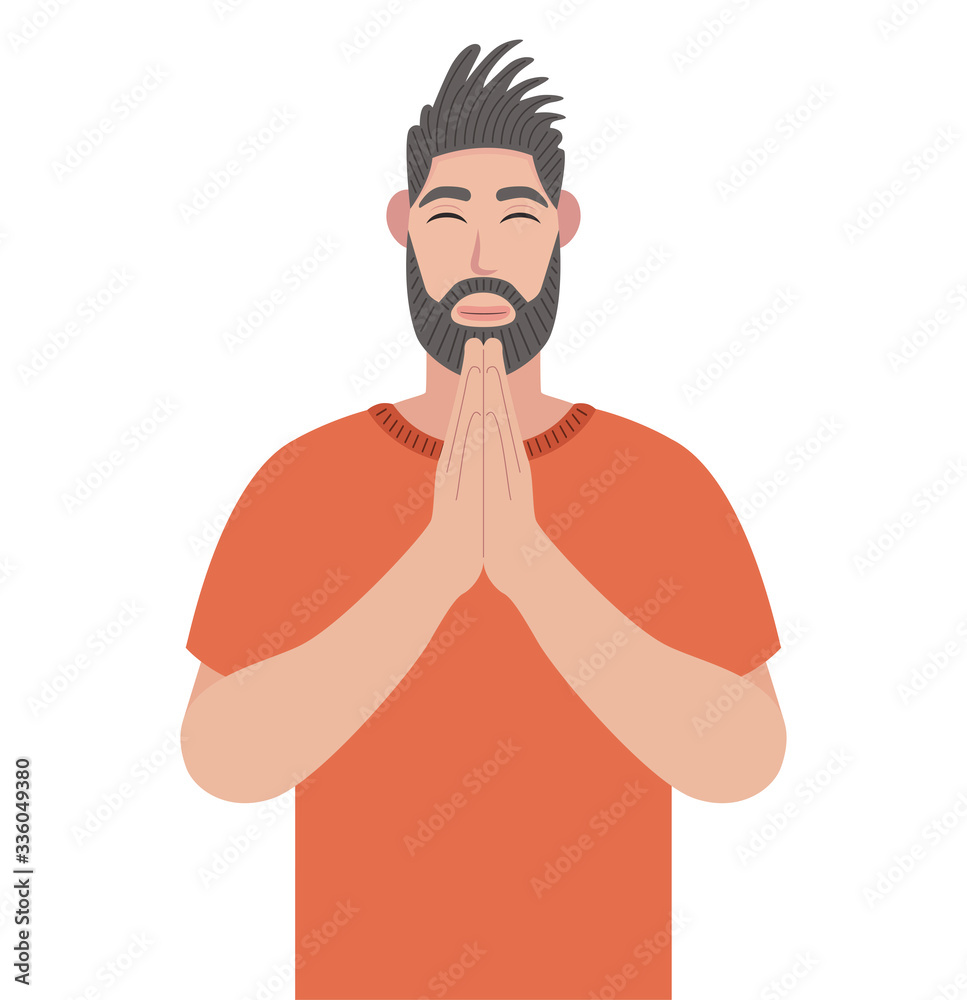 Bearded man in closed eyes praying hands together. Trendy person holding palms in prayer. Vector illustration in cartoon style.