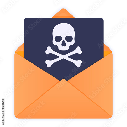 Yellow envelope with skull and crossbones. E-mail spam, virus, scam, malware alert received, internet hacking message, online phishing. Flat style vector illustration icon isolated on white.
