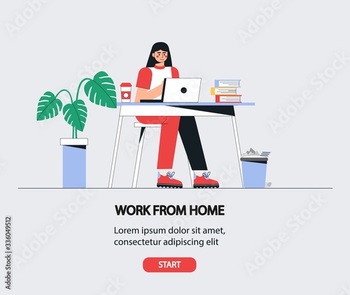  Girl is sitting at a table with a laptop. Woman working from home. Home office concept, flat style vector illustration. Freelance, online education or social media concept.