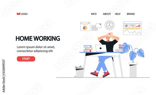 Freelance, online education or social media concept. Home office concept, woman working from home with laptop. Flat style vector illustration.