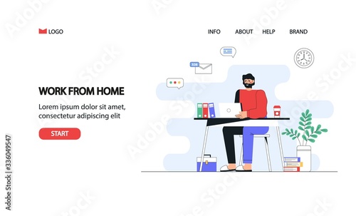 Flat vector concept illustration. A man freelancer working at home with laptop. Home office concept.