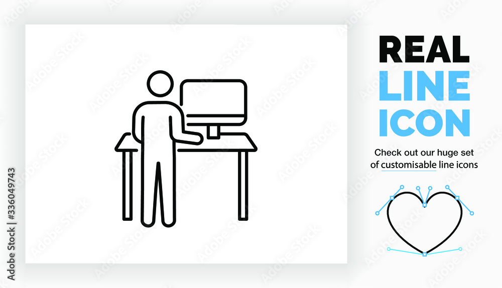 Editable real line icon of a stick man figure behind a hight adjustable standing desk for a ergonomic posture in his office with a tilt screen on eye hight in black clean lines on a white background Editable real line icon of a stick man figure behind a hight adjustable standing desk for a ergonomic posture in his office with a tilt screen on eye hight in black clean lines on a white background