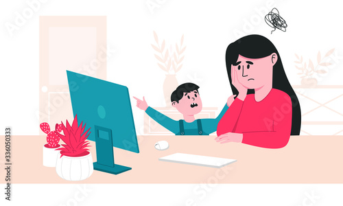 Tired mother and her little son, who constantly interferes her from work. Parenting and daycare problems during covid-19 quarantine. Working from home and staying safe colorful vector illustration.