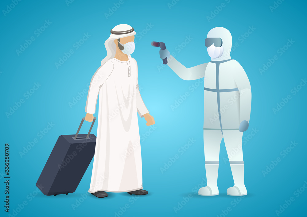 Diagnostic for passenger at the airport. Stop spread of the virus. Man on chemical resist suit checking for arabian passenger on airport. Epidemic MERS-CoV virus 2019-nCoV. Vector flat illustration.