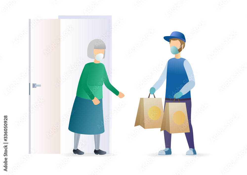Delivery for an elderly woman. Bags delivery to the door. Courier in white medical mask with grocery and goods bags delivering. Epidemic MERS-CoV virus 2019-nCoV. Vector flat illustration concept.