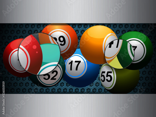 Bingo lottery balls on honeycomb and brushed metal background with magnifiers