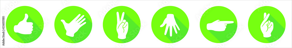 Vector set flat icons.Sign with hand. Communication symbol. White hand with gesture on green round background isolated on white. Web button. Mood sticker.Modern illustration Vector set flat icons.Sign with hand. Communication symbol. White hand with gesture on green round background isolated on white. Web button. Mood sticker.Modern illustration