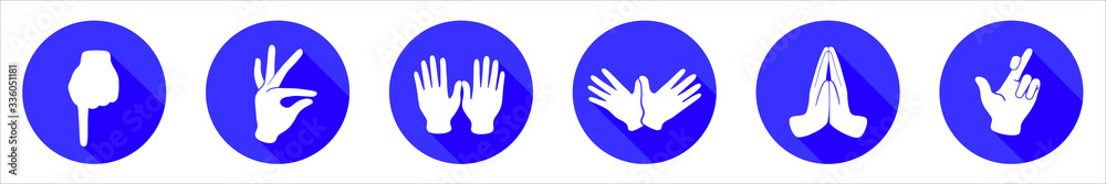 Fototapeta premium Vector flat icon set with six items. Sign with hand. Communication symbol. White hand with gesture on blue round background isolated on white. Web button. Mood sticker. Modern illustration