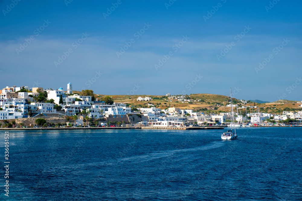 Yacht boat in Aegean sea near Adamantas Adamas harbor town of Milos island. Milos, Greece