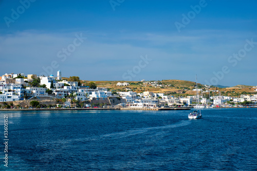Yacht boat in Aegean sea near Adamantas Adamas harbor town of Milos island. Milos, Greece