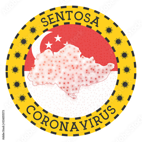 Coronavirus in Sentosa sign. Round badge with shape of Sentosa. Yellow island lockdown emblem with title and virus signs. Vector illustration.