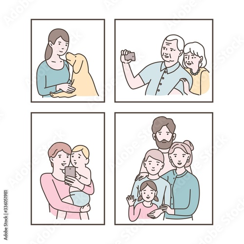 Windows with neighbors talking via video, hugging. Colorful vector illustration in modern flat style.