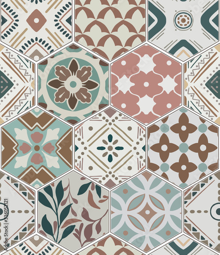 Luxury oriental tile seamless pattern in style of colorful floral patchwork boho chic with mandala in hexagon design elements. Flower ornament background with eastrn motif