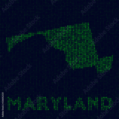 Digital Maryland logo. US state symbol in hacker style. Binary code map of Maryland with US state name. Vibrant vector illustration.