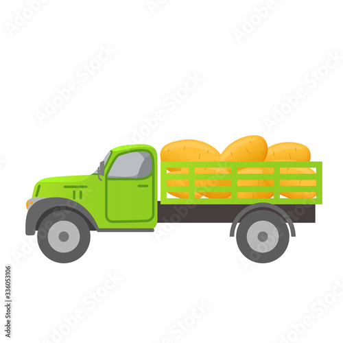 Retro truck harvesting potatoes. Flat vector illustration.
