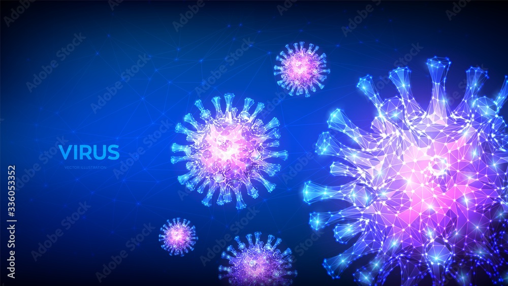 Coronavirus 2019-nCov novel coronavirus low poly abstract concept. Microscopic view of virus cells close up. Dangerous asian ncov corona virus, SARS pandemic risk. 3D polygonal vector illustration. Coronavirus 2019-nCov novel coronavirus low poly abstract concept. Microscopic view of virus cells close up. Dangerous asian ncov corona virus, SARS pandemic risk. 3D polygonal vector illustration.
