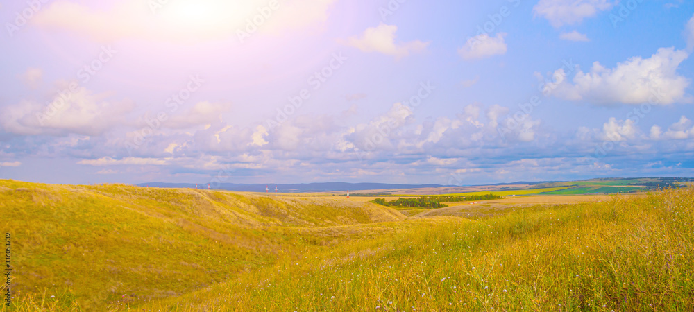 Banner Summer landscape in the field . nature of Russia. Bright landscape with sunlight.
