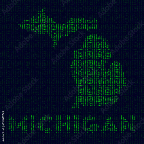 Digital Michigan logo. US state symbol in hacker style. Binary code map of Michigan with US state name. Appealing vector illustration.