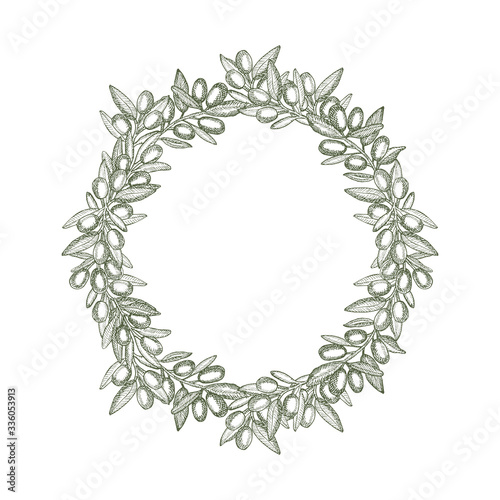 Round wreath made of olive branch with space for text. Vintage hand drawn sketch vector illustration  linear graphic ink art. Linear graphic.