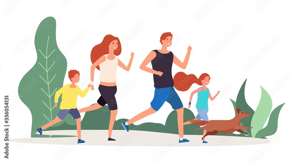 Sport family. Parents kids run around in park. Happy man and woman, boy and  girl, dog go sports vector illustration. Family run healthy sport, father  and mother with kids Stock Vector