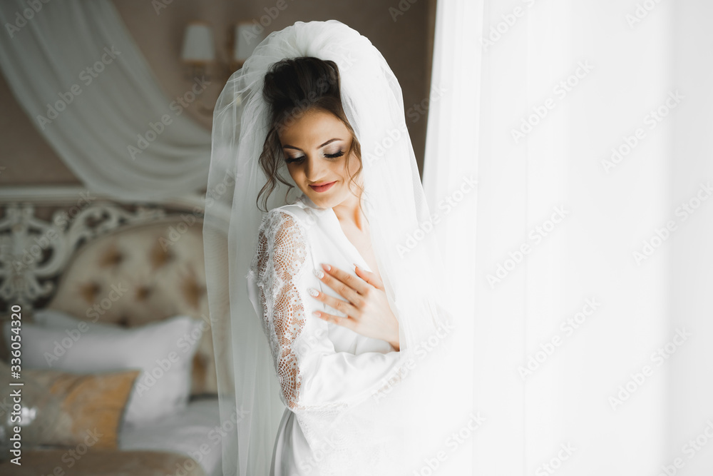 Gorgeous bride in robe posing and preparing for the wedding ceremony face in a room Gorgeous bride in robe posing and preparing for the wedding ceremony face in a room