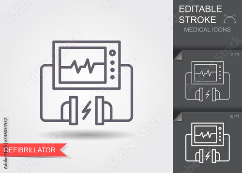 Heart Defibrillator. Linear medical symbols with editable stroke