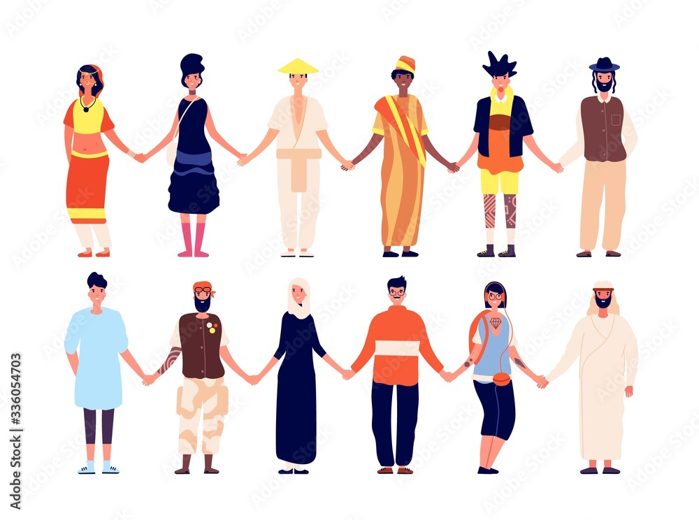 Multicultural friendship. Ethnic people group, friends holding hand. Diversity interracial community, africans asians caucasian vector set. Friendship multicultural people, happy group illustration