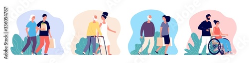 Social help. Care senior, volunteer working with elderly. Young male female caring older people. Patient health support vector illustration. Helping and support, grandma and helper assistance