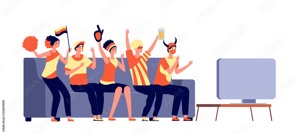 Sport tv fans. People soccer watching. Friends celebrates win match, and cheering. Football supporters with flag beer vector illustration. Fan match sport, team support soccer game