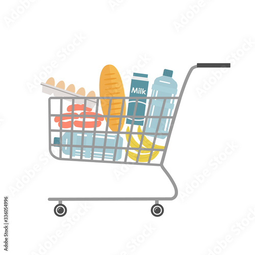 Supermarket shopping cart full of food and drinks.There is a bread, bottles of water, a milk, sausage, eggs and other products in the picture. Vector flat illustration