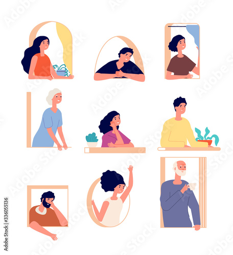 Peeking people. Man looking out window. Isolated female peek because of curtain. People neighbors. Young suspicious face vector illustration. Peeking woman and man look from window tot street