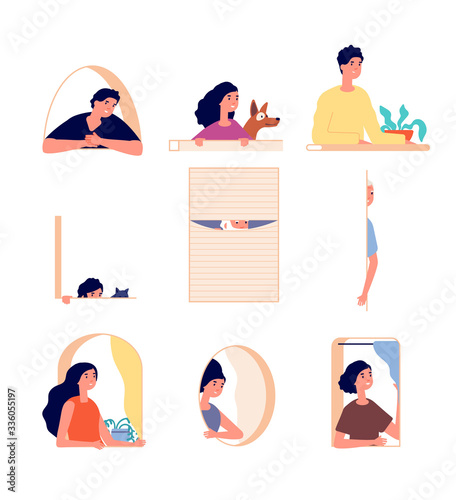 Peeping people. Girl boy secret spying. People and animal hiding in window. Curiosity person and pets. Isolated spy looking out vector set. Windows building man or woman with dog illustration