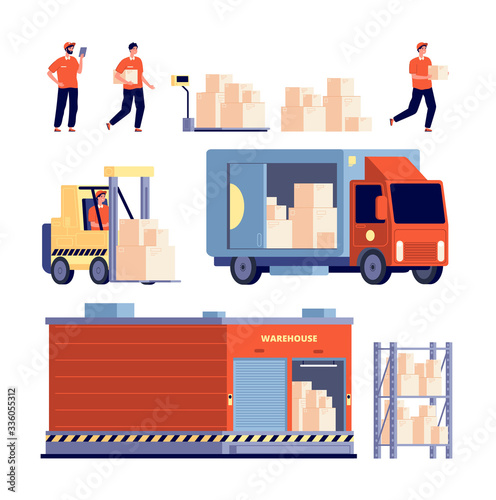 Warehouse. Isolated delivery truck stock unloading, transport. Cargo transportation. Logistic service elements. Service worker vector set. Cargo warehouse, delivery transport truck illustration