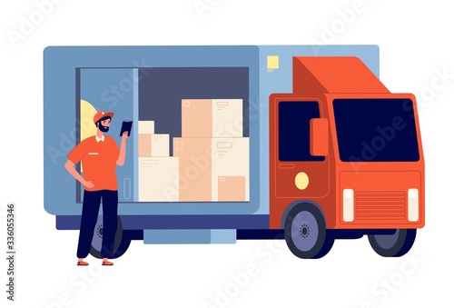Courier. Smiling guy with package, delivery lorry. Logistic service, man and boxes. Postman with parcel. Shipping worker vector illustration. Delivery package service, courier truck lorry